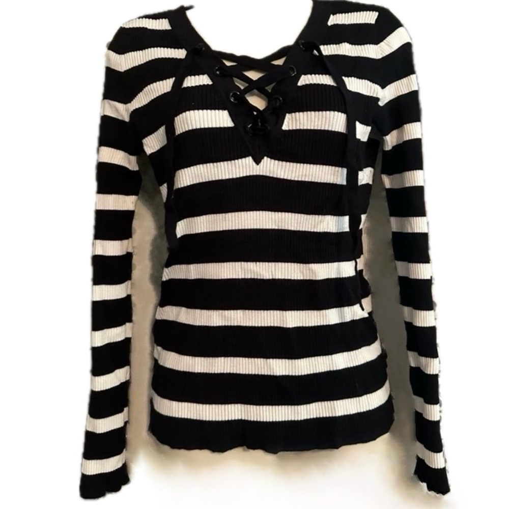 INC International Concepts Black and White Stripe Lace Up V-Neck Sweater XL (16)